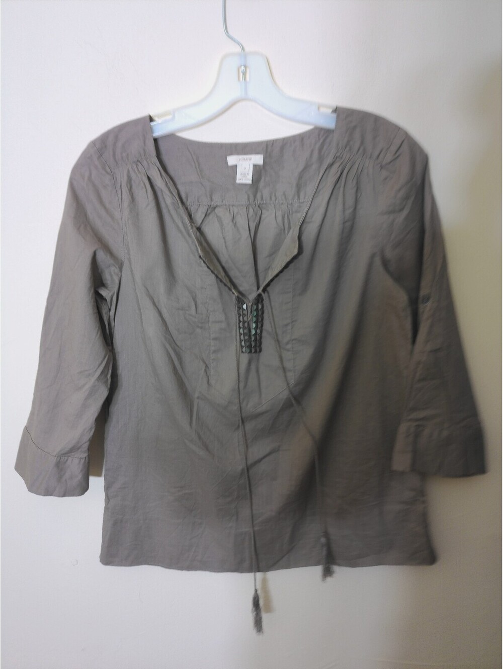 J.Crew Womens Peasant Blouse Top Size 0 Taupe Brown Studded 3/4 Roll Tab Sleeve‎